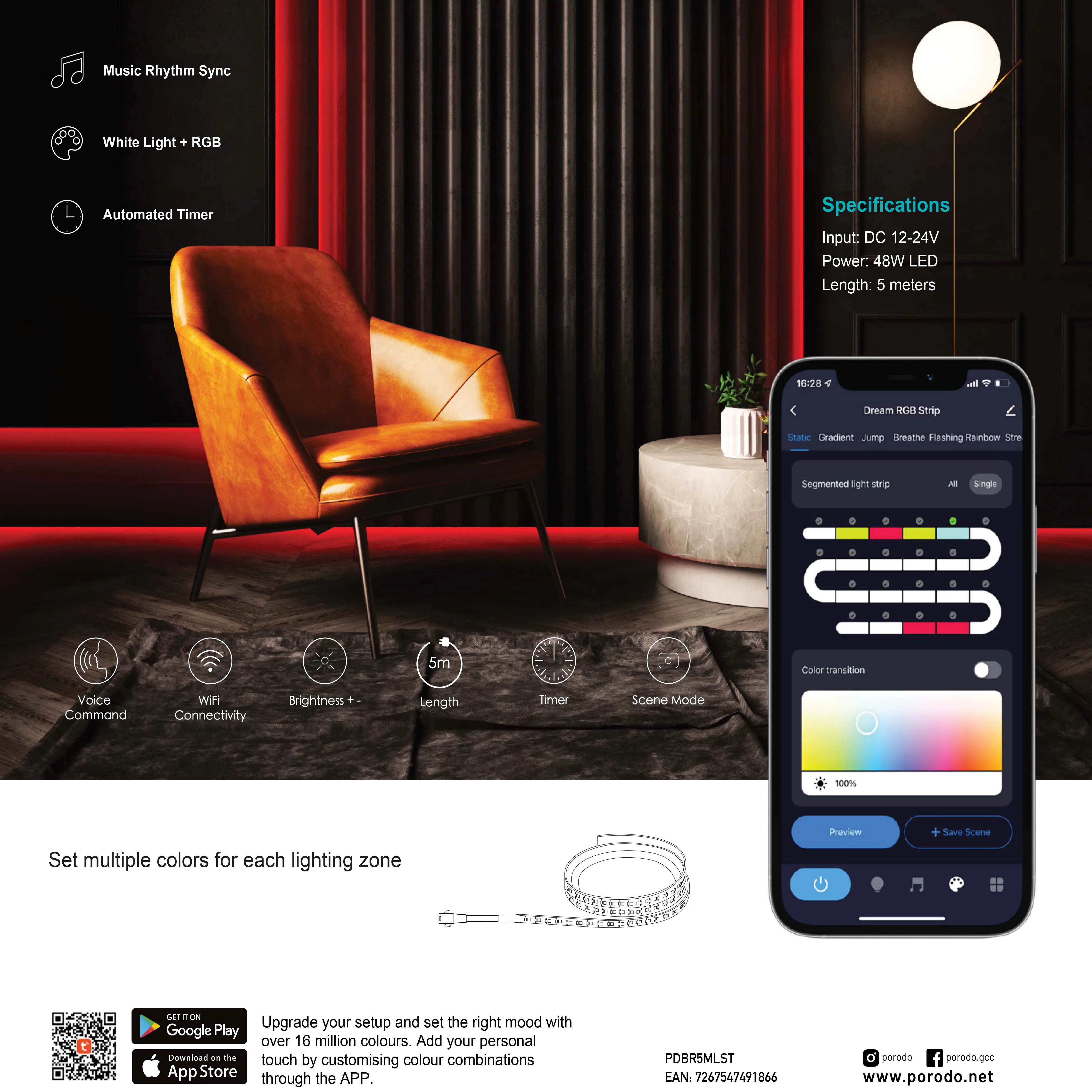 New trending 5 metere long Porodo brite 48W Smart LED light Strip, RGB Lighting compatible with android and iOS