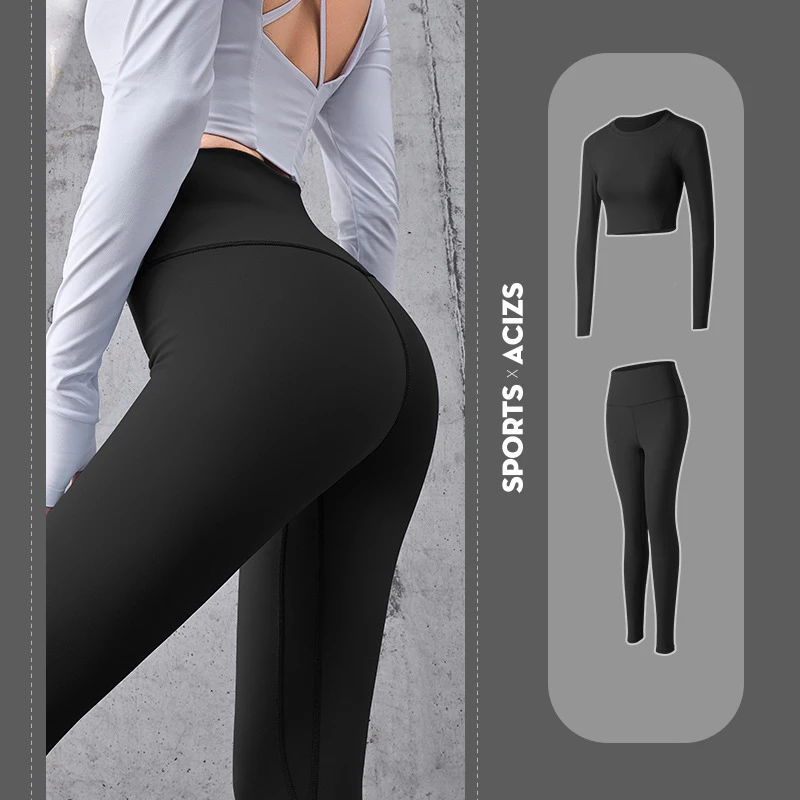 Milk silk women yoga sets workout clothing nylon 2 pieces yoga long sleeves and leggings