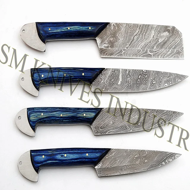 Hand Made Damascus  4  pieces kitchen knives set with leather kit (Smk1080)