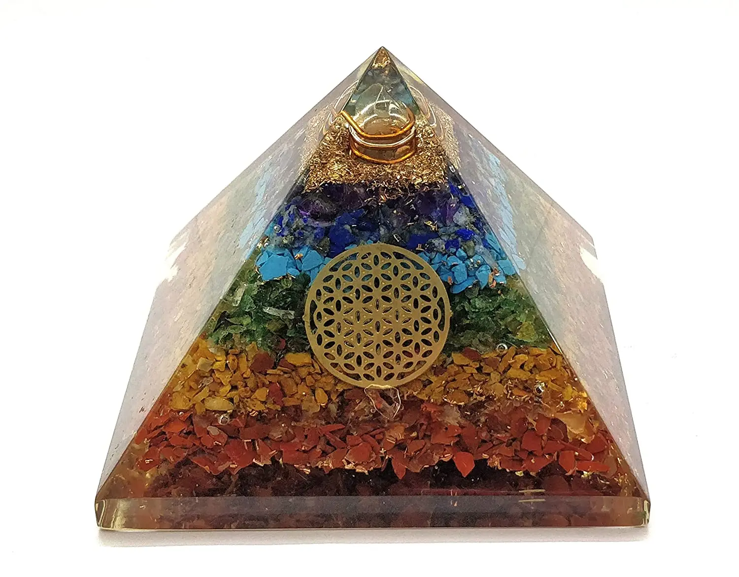 Handmade Geometric Pyramid Made with Seven Chakra Crystal 7 Chakras Copper Dust Orgonite Pyramid