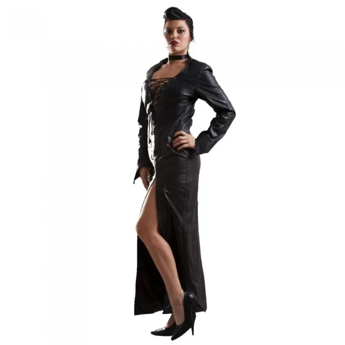 Women Leather Dress Black with Vampy Sexy Collar Laced Neckline