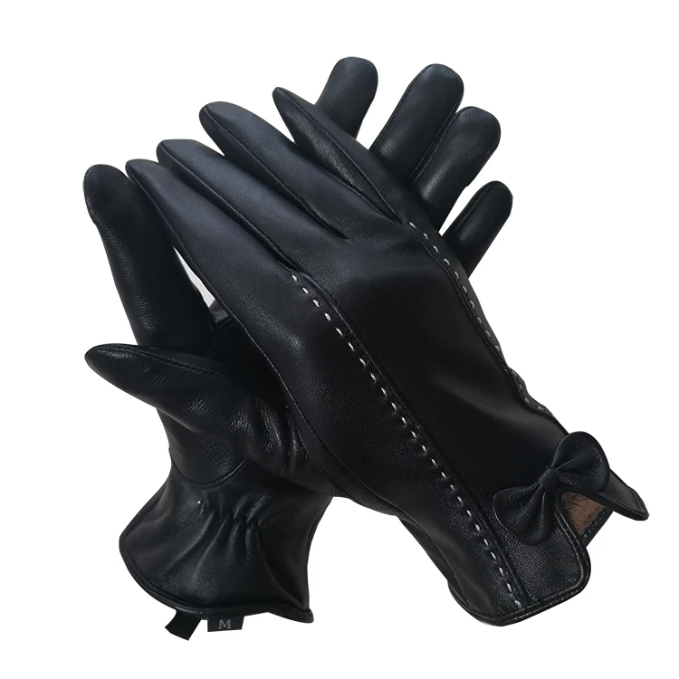 Лидер продаж перчатки из овечьей кожи с подкладкой и бантом на манжетах ветрозащитные зимние для улицы