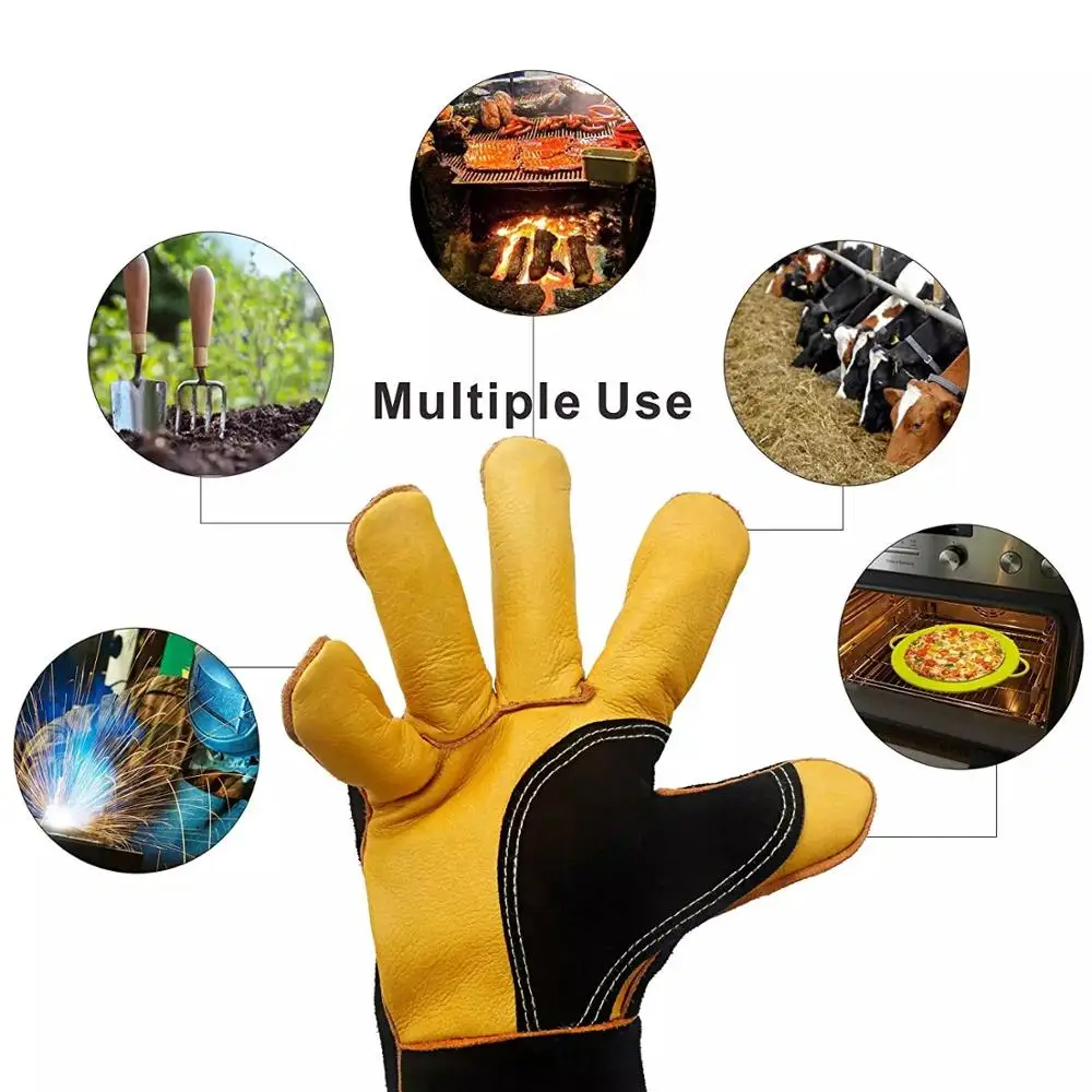 
Heat & Fire Resistant Leather Grill Gloves Safety Warm Gear Heated Gloves 16 inch Mitts Welding Gloves 
