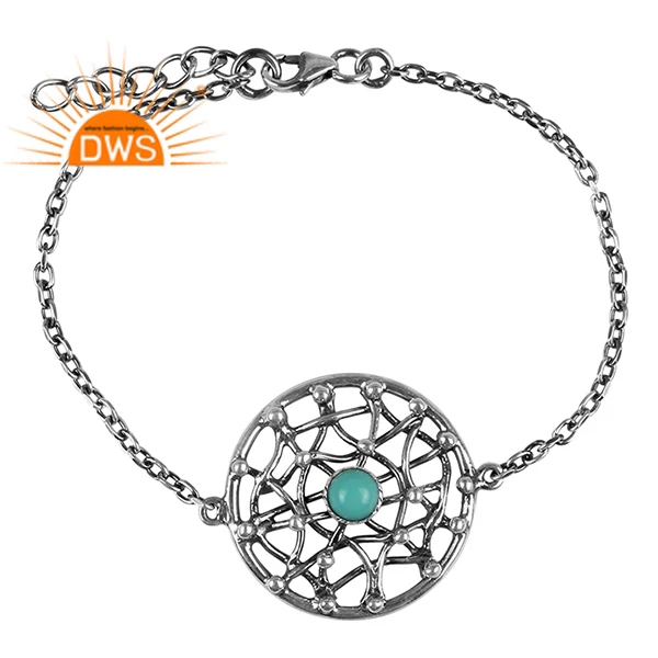 High Quality Natural Arizona Turquoise Gemstone Oxidized 925 Sterling Silver Designer Spun Bracelet Jewelry Manufacturer