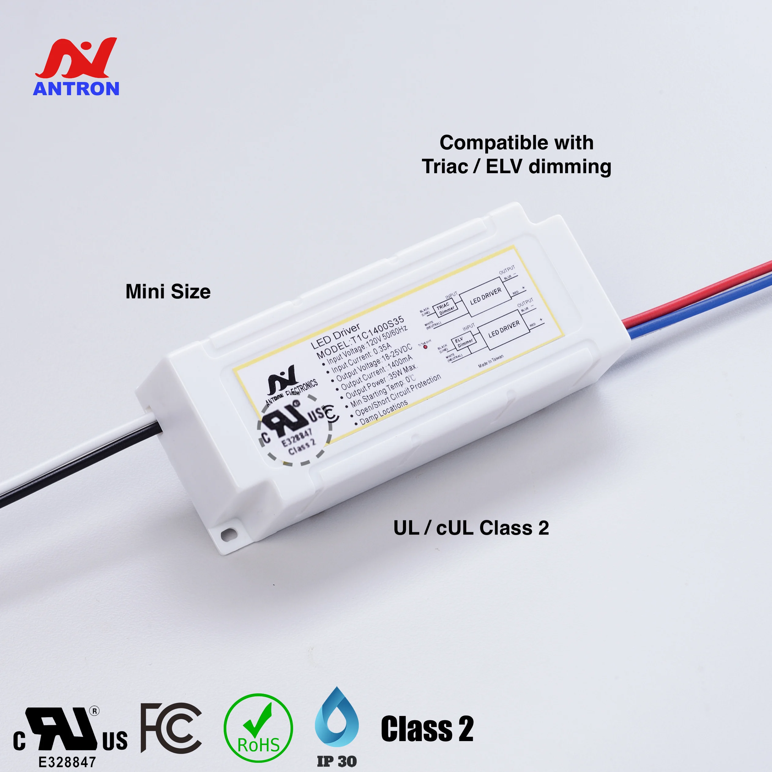 35W Small Triac Dimmer LED Driver 120Vac IP30 UL