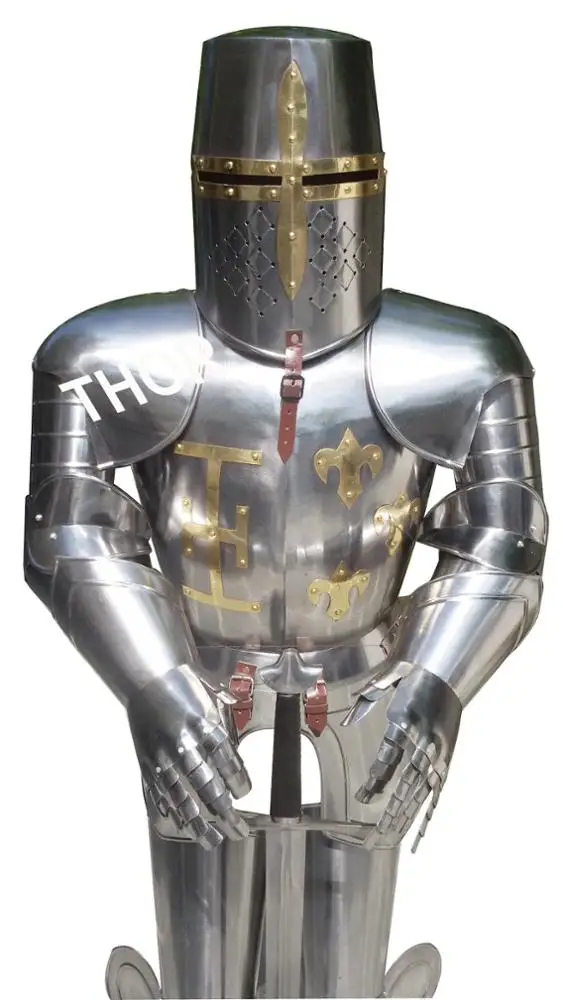 Medieval Full Body Armor Suit Knight Combat Crusader Steel Armor V-Neck Closure Double Breasted Pleated Front Adults Breathable