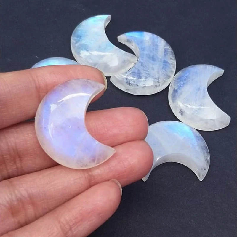 Moon Shape Carving Work Natural Rainbow Moonstone Loose Gemstone