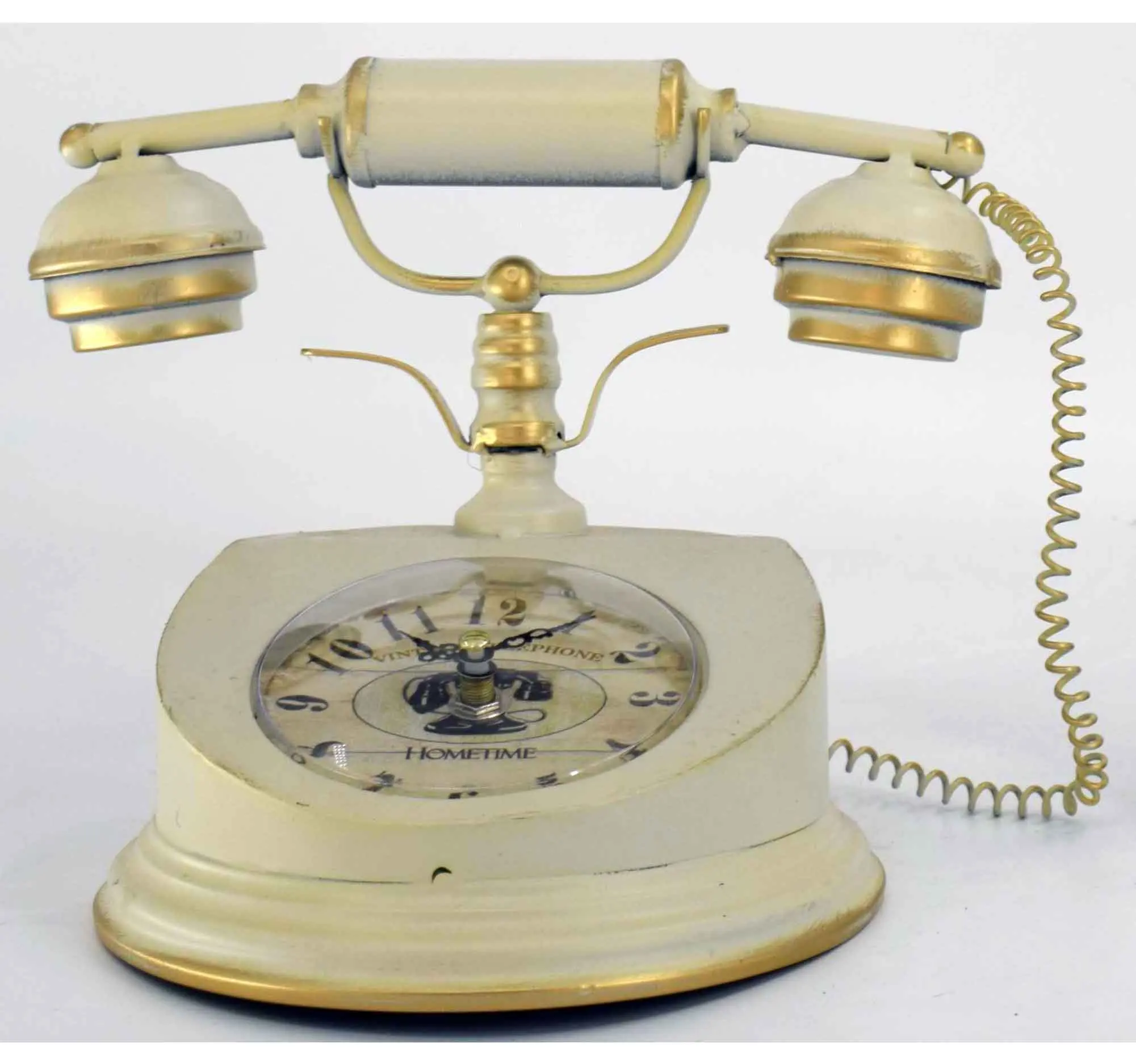 DECORATIVE ANTIQUE VINTAGE TELEPHONE SHAPE METAL TABLE TOP CLOCK