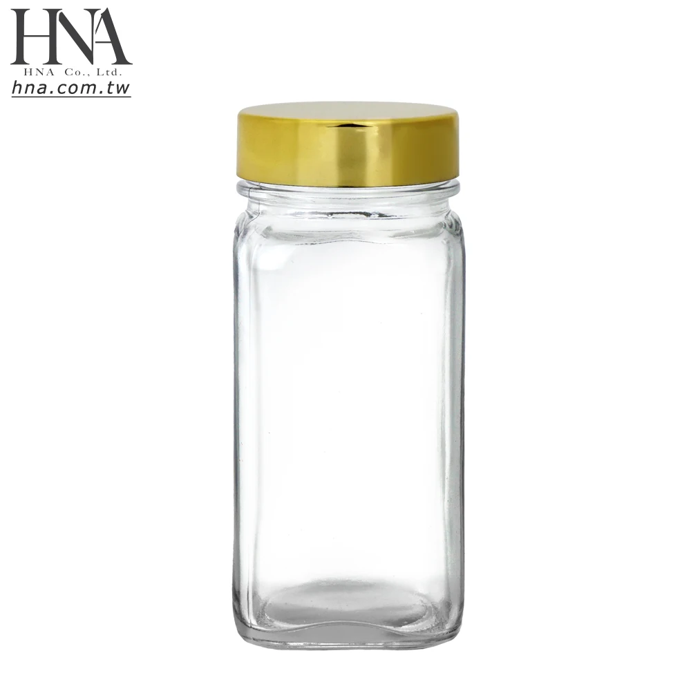 HNA Taiwan Made Stylish 4 oz Empty Square Glass Spice Jar Bottle with Gold Lid