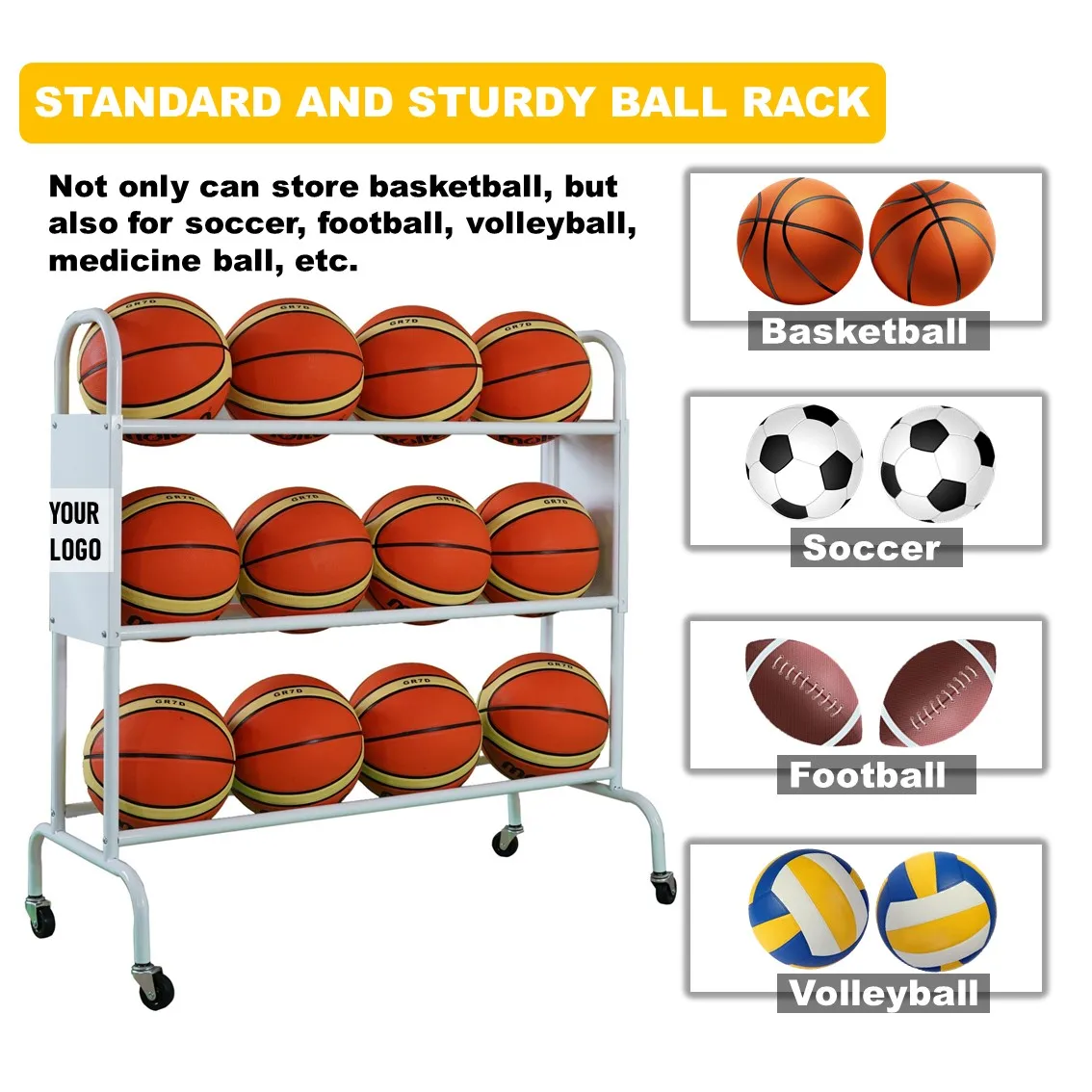Basketball rack ball organizing storage cart with wheels