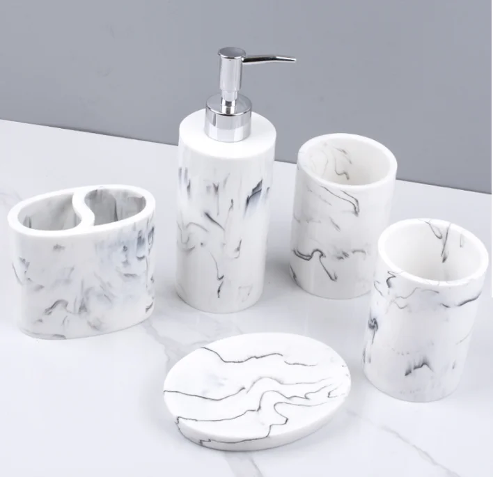 Набор аксессуаров для ванной комнаты, полирезиновый держатель для зубных щеток, лосьона, мыла, черно-белый мраморный эффект, для современных отелей