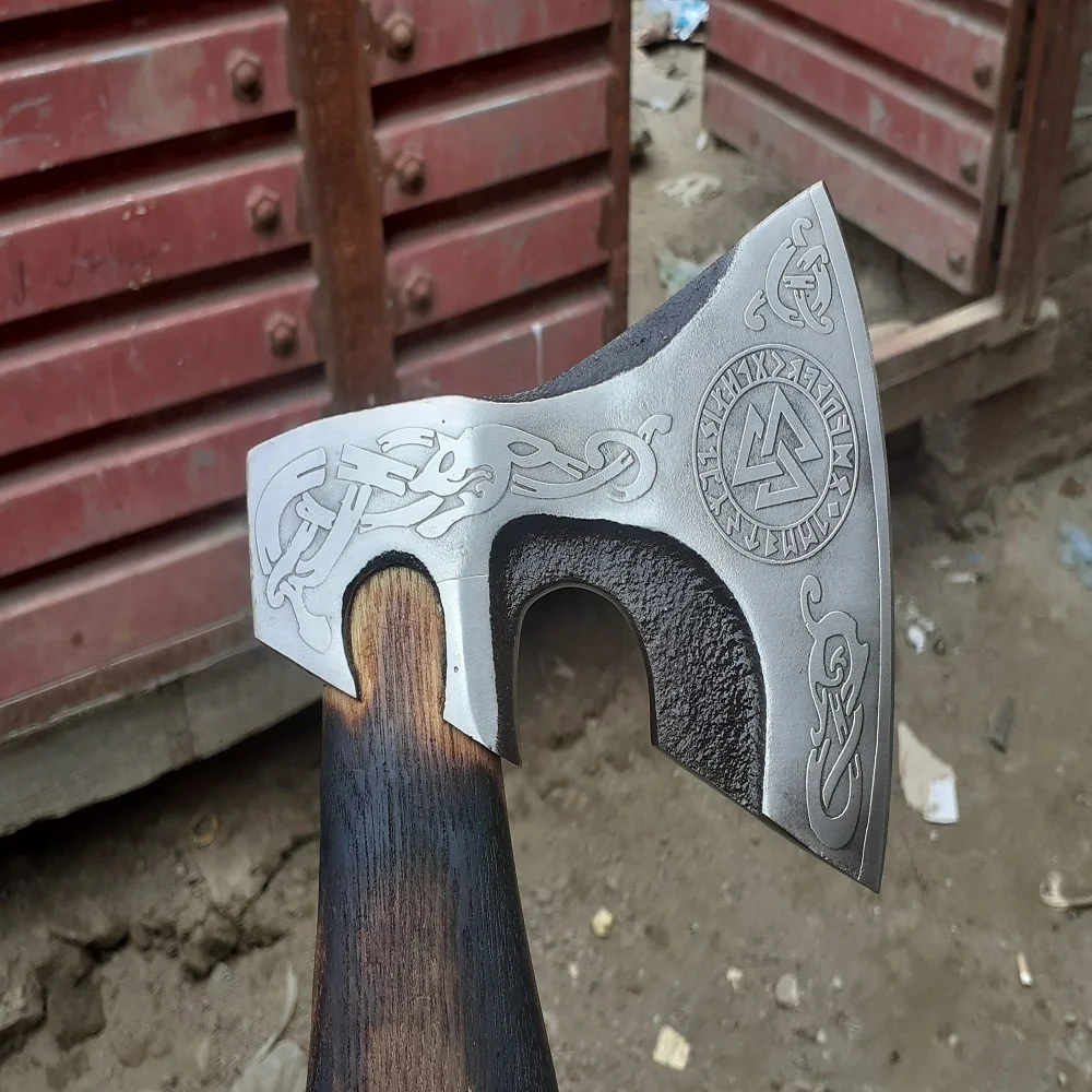 Hand Forged Viking Axe with Etching on the Head and Handle engraved by hand Decorative Fantasy Viking Axe