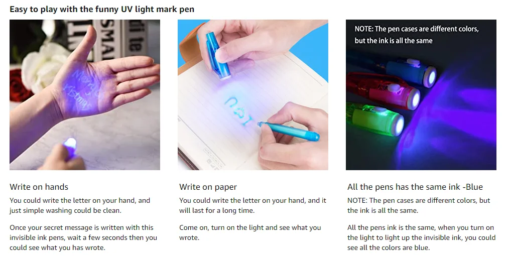 3 colors Secret Message Permanent black Marker Pens Magic UV Light Pen Invisible Ink Pen