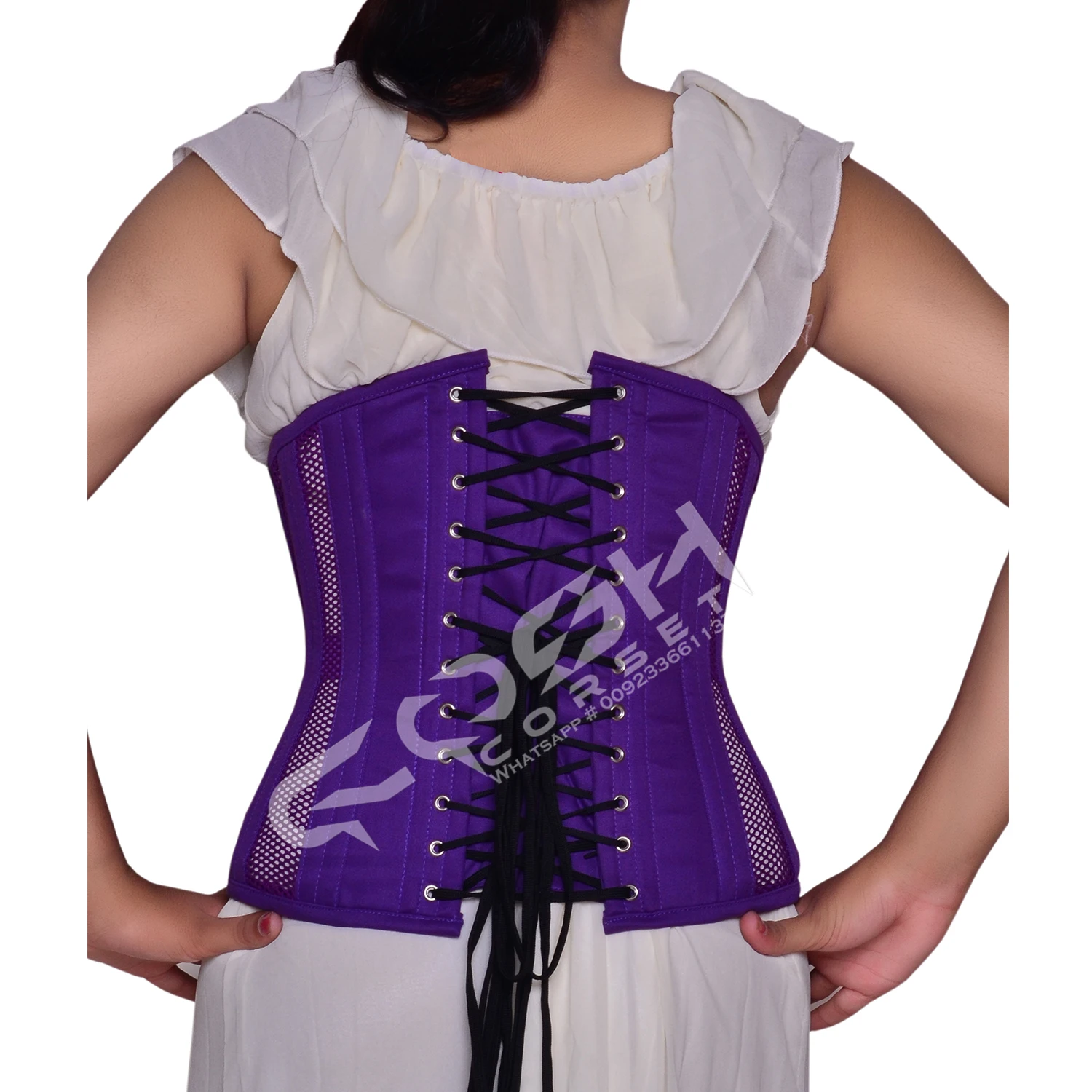 Party Wear Steel Boned Plain Purple Mesh And Cotton Under Bust With Extreme Curvy Shape, Waist Slimming Casual Wear Hourglass