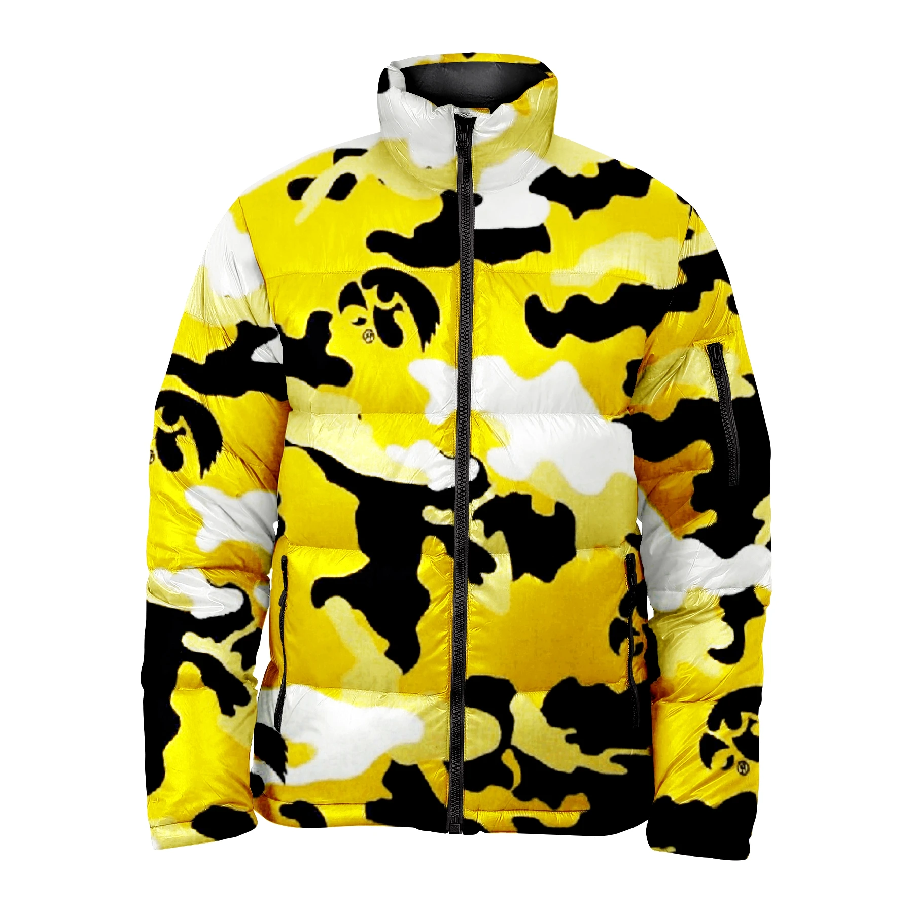 New Sublimated Yellow Camouflage Pattern Printed Puffer Jacket For Men & Women