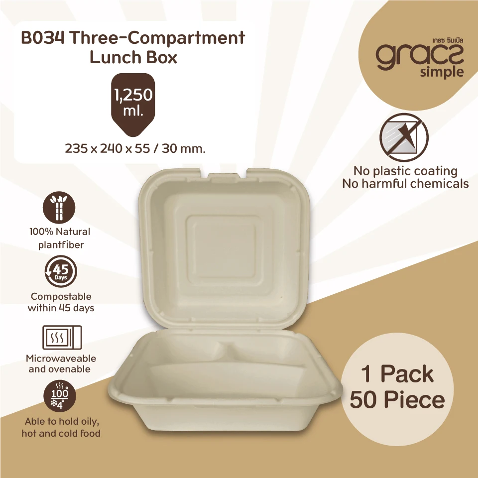 High Quality biodegradable food containers Storage Three-Compartment Lunch Box 1,250ml Thailand