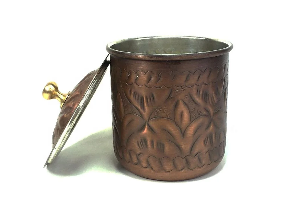 Turkish Handmade Hand Carved Safran Antique Look Copper Spice and Herb Storage, Container, Sugar Bowl