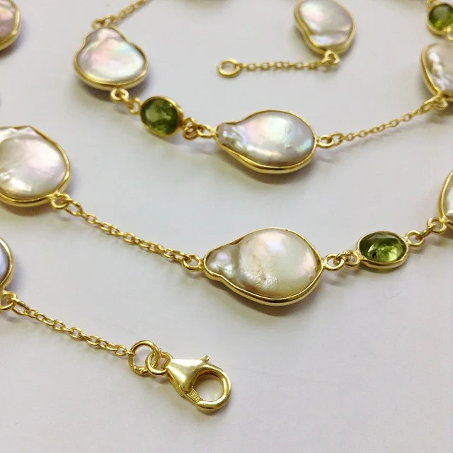 Everyday Wear 925 Sterling Silver Gold Plated Peridot and Baroque Pearl  90 cms.  Long Chain Necklace