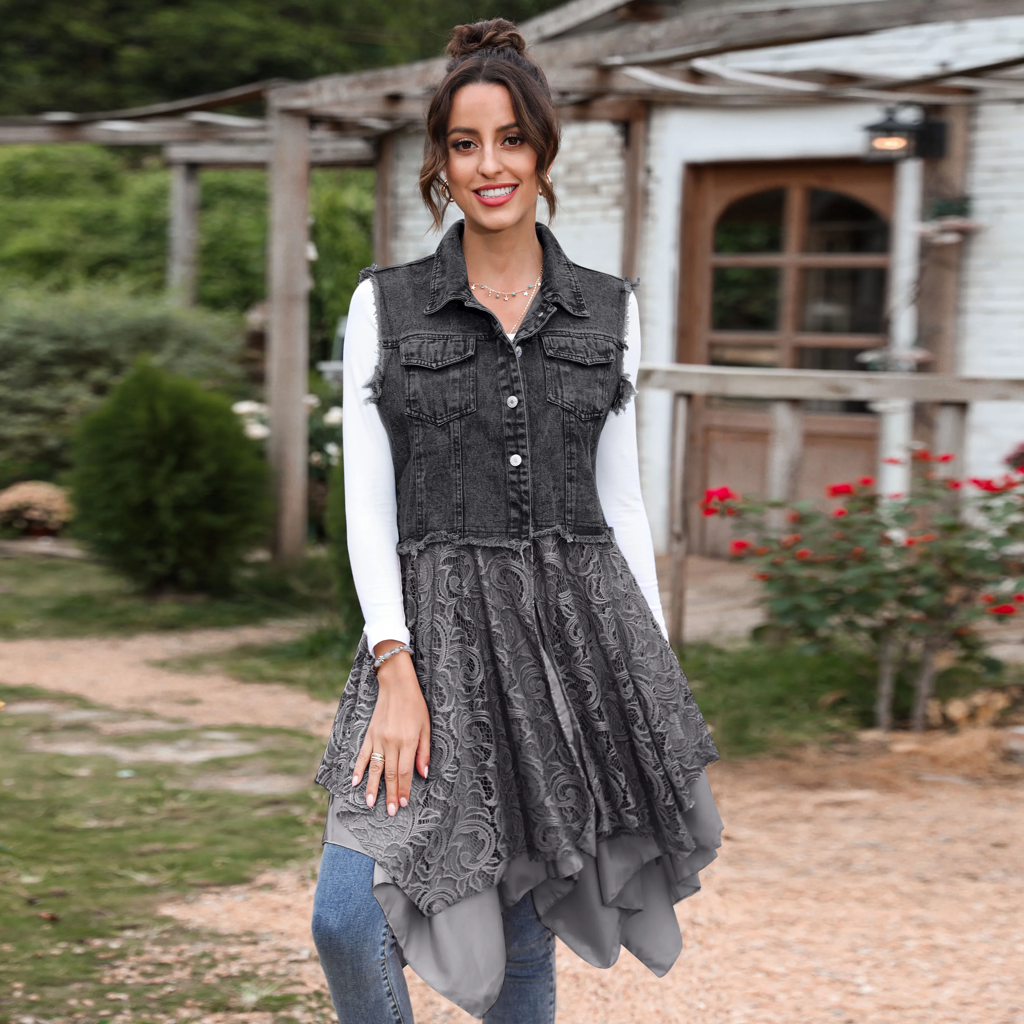 Denim &  Lace Handkerchief Button-Up Longline Vest