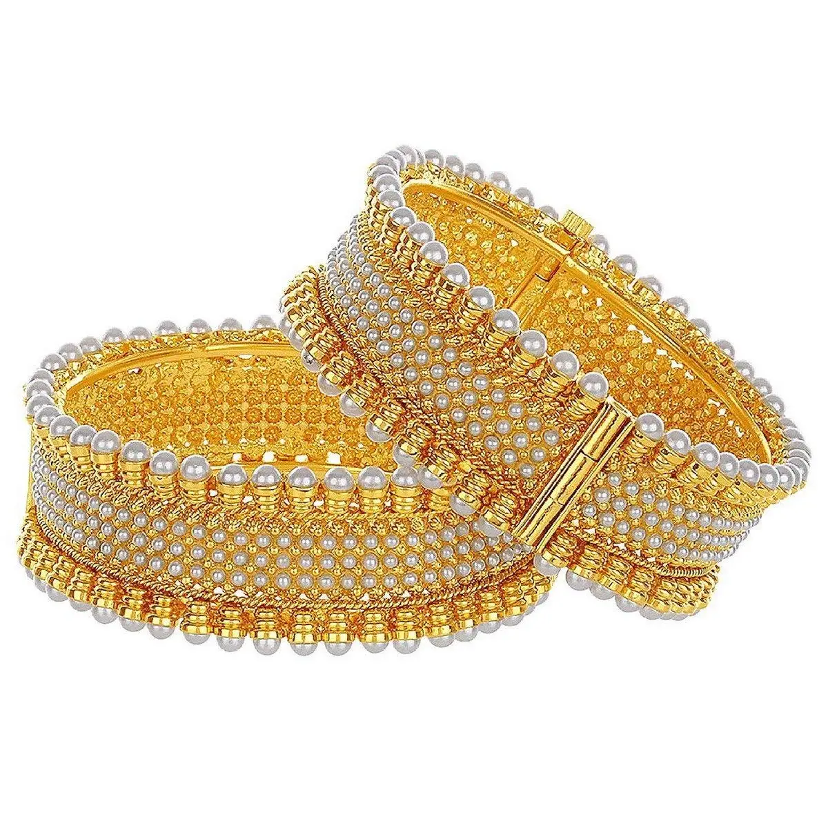 Fashion Jewelry Indian Bollywood 14 K Gold Plated Pearl Crystal Cuff Bracelets Bangle Set (2 Pc) for Bridal