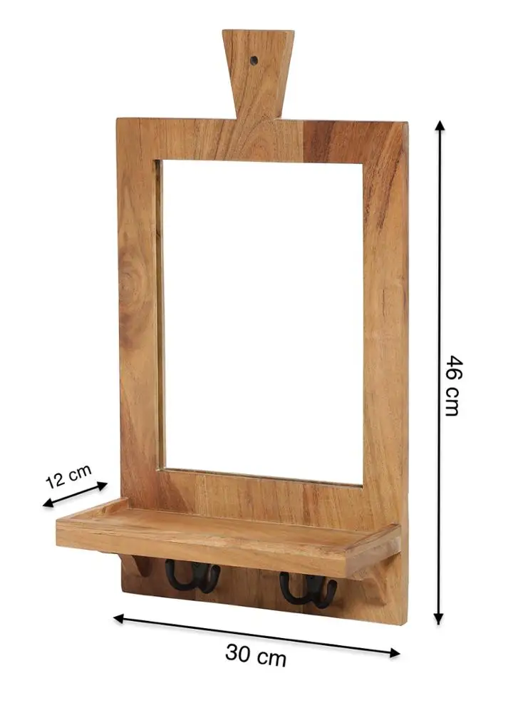 Wall Mount Mirror with Wood Shelf and Hooks for Towel Hangng Handcrafted Wooden Mirror Wall Mount Bathroom Wooden Mirror Shelf