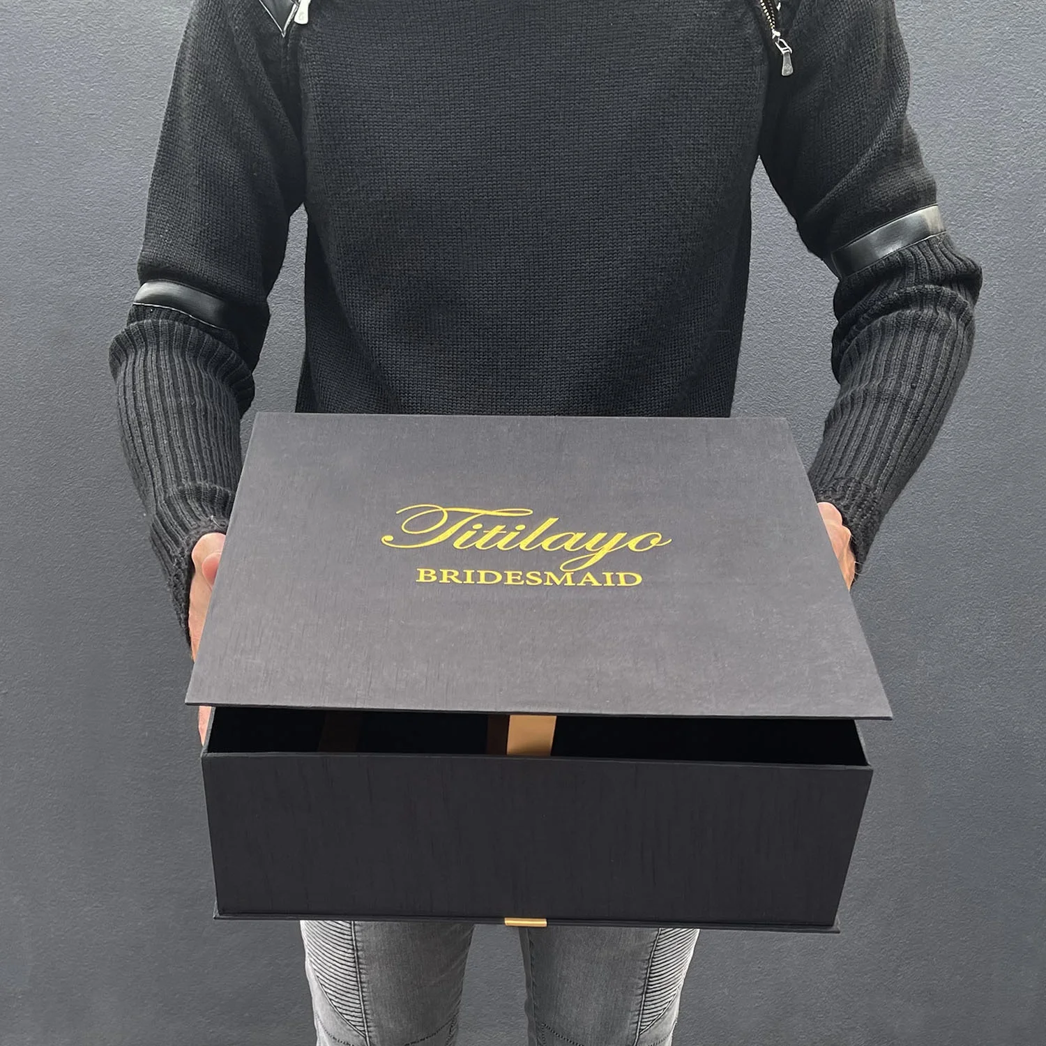 LARGE BLACK HINGED LID CUSTOM METALLIC GOLD PRINTED BRIDESMAID SILK GIFT BOXES