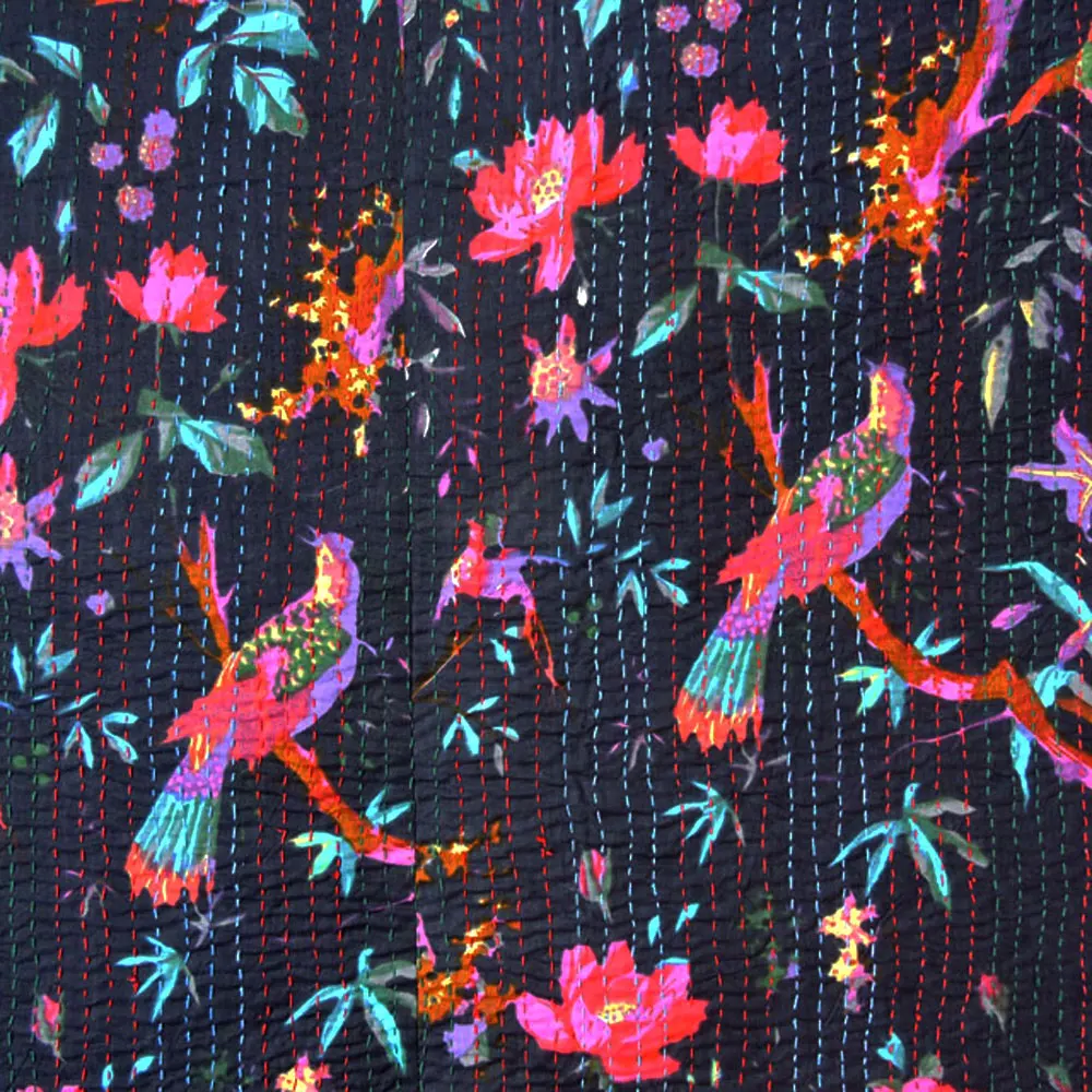 Handmade Black Bird kantha quilt Boho Bedspread