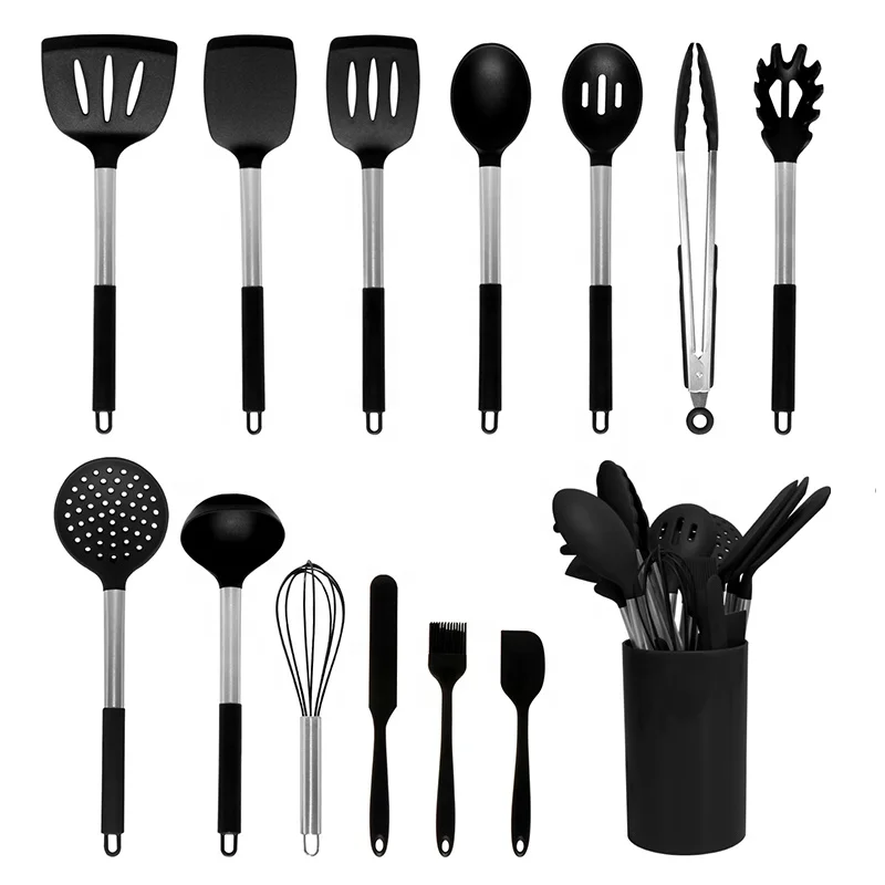 
Amazon silicone kitchen Accessories utensils set 14 pieces nonstick cooking Tools kitchen utensils with Stainless Steel Handle 
