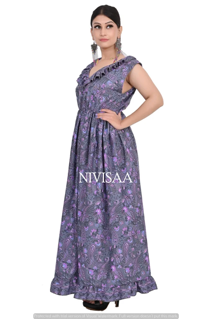 Summer Blue Color 2022 Long Dress Floral Printed Boho Beach Dress Short Sleeves Elegant Design Attractive Look Dress