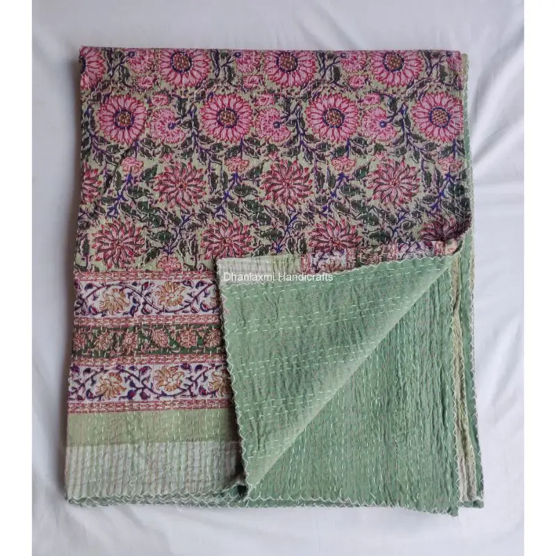 Green Indian Handmade Sunflower Print Cotton Kantha Quilt Beautiful Floral Wholesale Kantha Bedspread