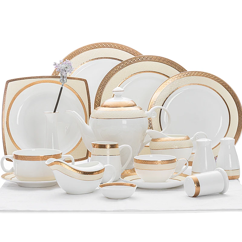 Guangzhou Wholesale Hotel Fine Bone China Porcelain, Thin Bone China Gold Rimmed Luxury Ceramic Plates Dinner Set~