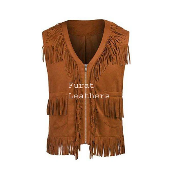 DARK BROWN FRINGES LEATHER VEST Biker Vests With Concealed Carry Gun Pocket Cruise Vintage