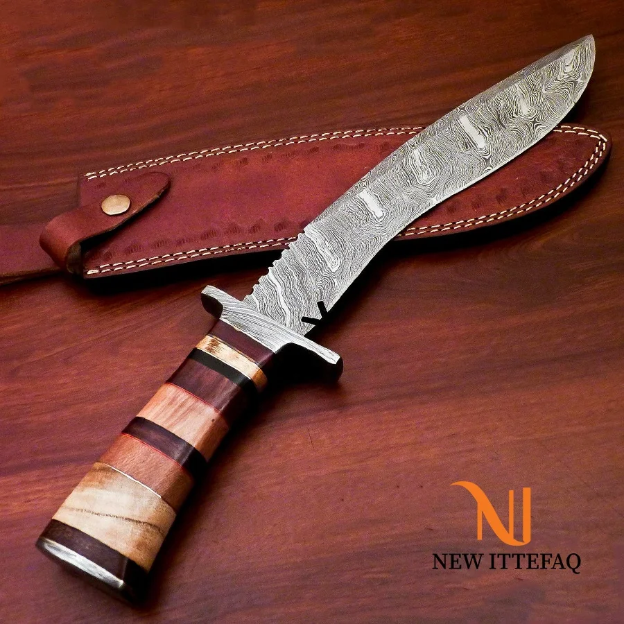 
NEW ITTEFAQ | CUSTOM MADE DAMASCUS BOWIE HUNTING KNIFE - DAMASCUS GUARD With Leather Sheath 