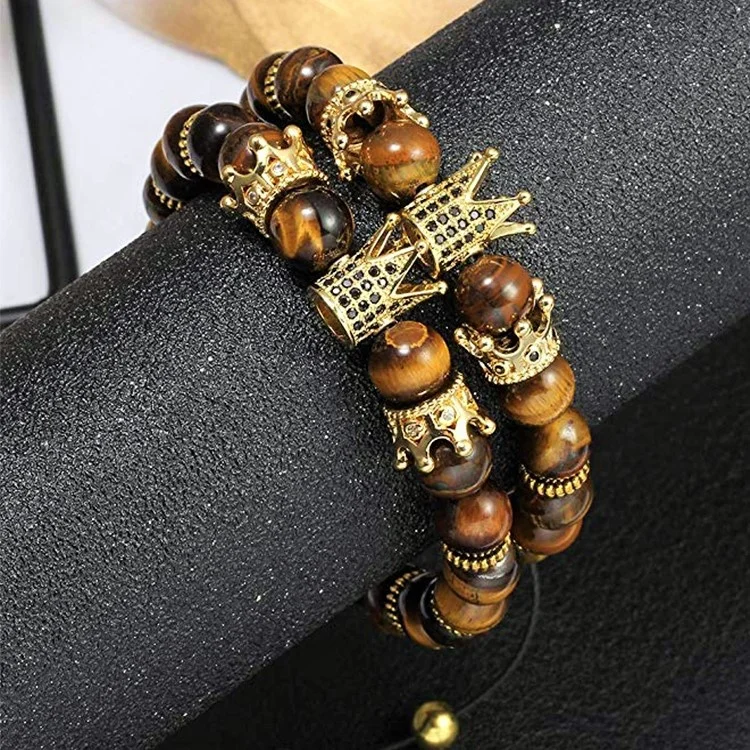 Crown Bead Leather Bracelet with Silver Luxury Charm Adjustable for Men Women King Queen Style Comes Elasticity Bag Packaging