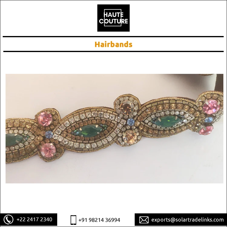 2024 Top Most Selling Hand Embroidered Hairband Beads Made Emerald Marquis Eye Fashion Hairbands for Girls