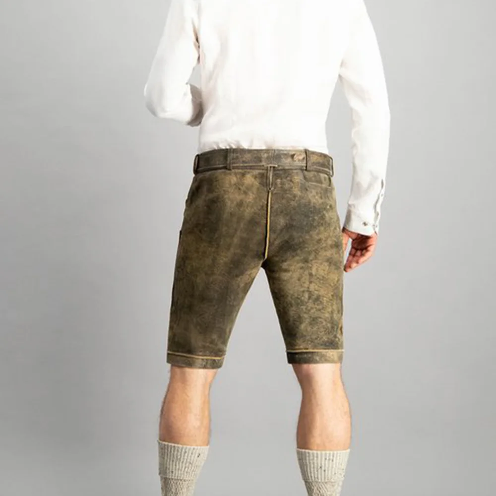 Premium Design Lederhosen Shorts Brown Color Plain Brown Bavarian Short Pants Elastic Waist Slim Fit Deer Leather Shorts