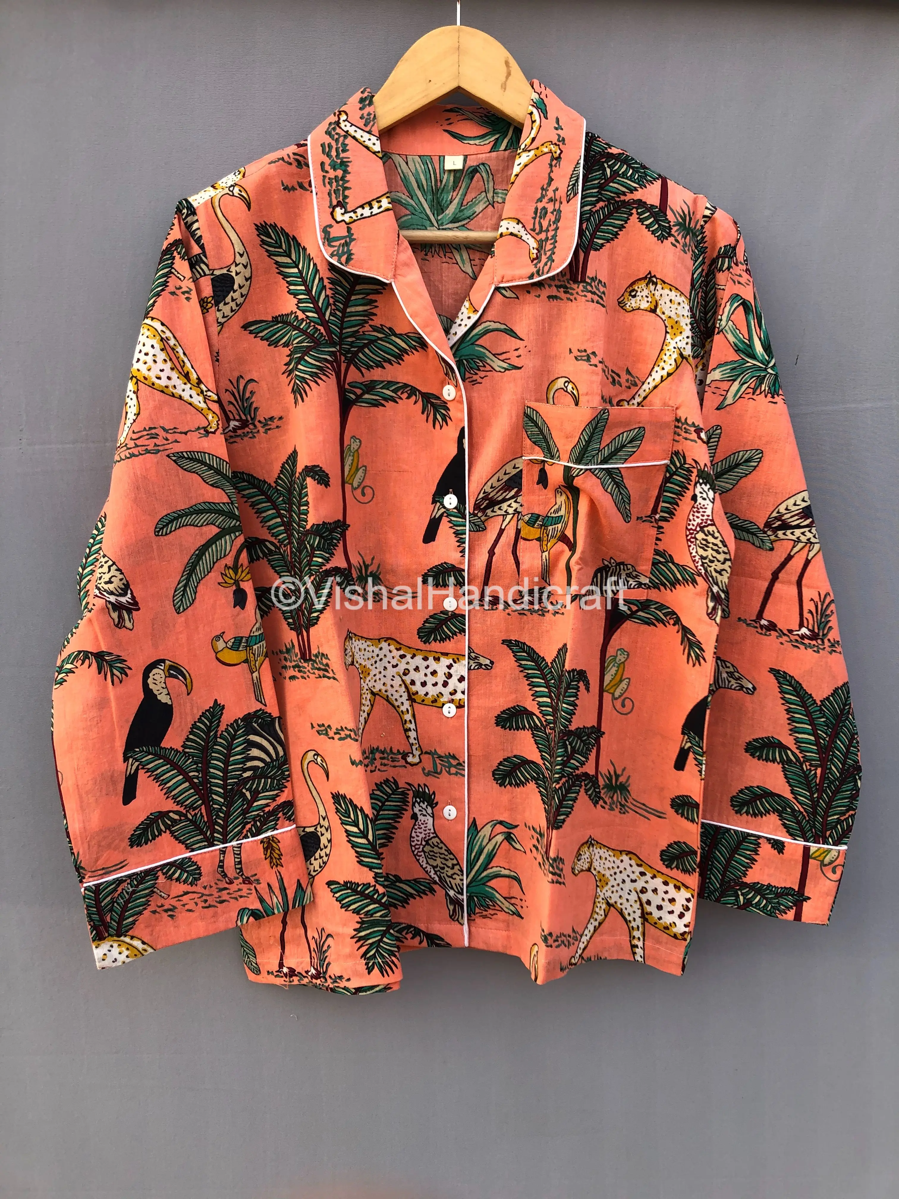 100%cotton hand block printed Indian Pajama & Robe Long Sleeve Hand Block Printed Woman Night Dress Set From India