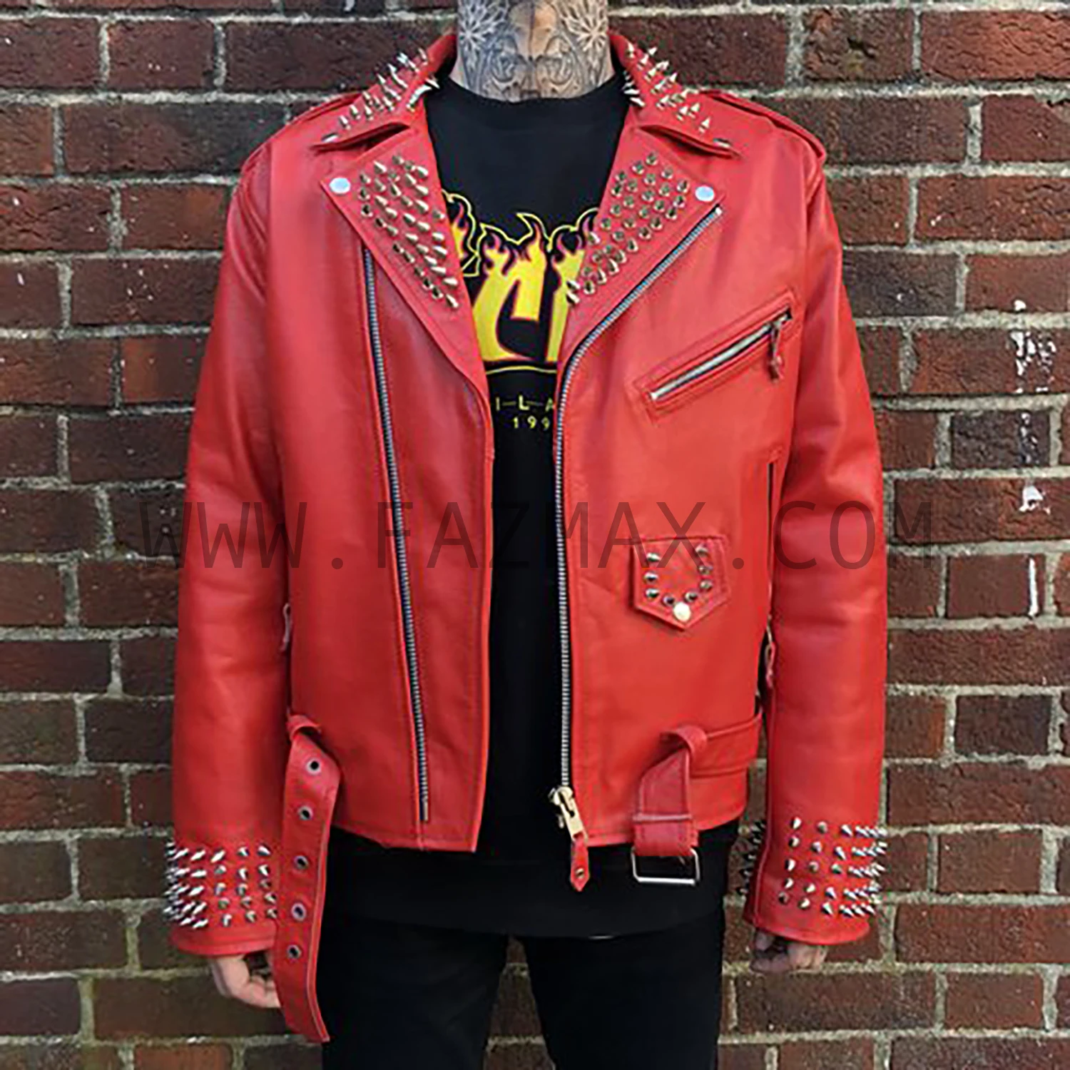 Red Spiked Classical Studded Leather Jacket