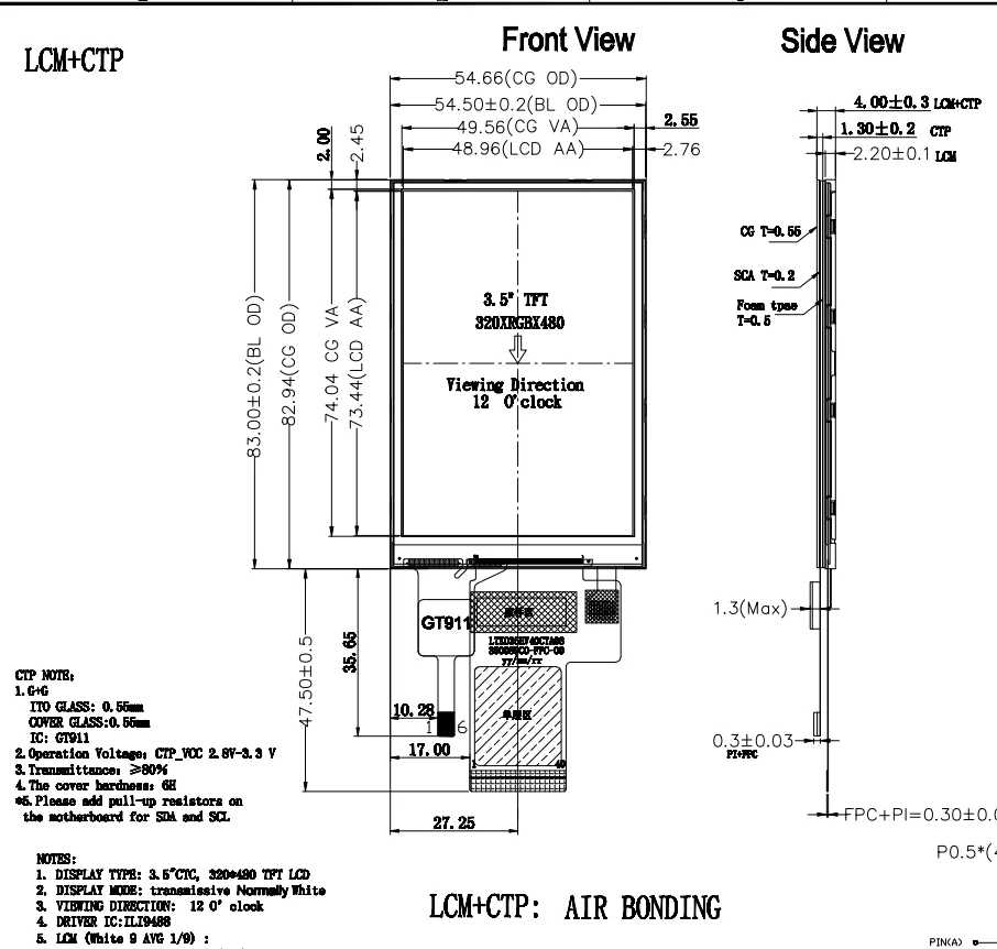 3.5inch G+G 320*480 with CTP 4line-SPI Interface display TN  tft lcd screen