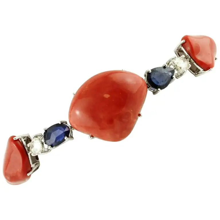 
Made in Italy Handcrafted Link Bracelet Corals, Diamonds, Blue Sapphires 14 Karat White Gold 
