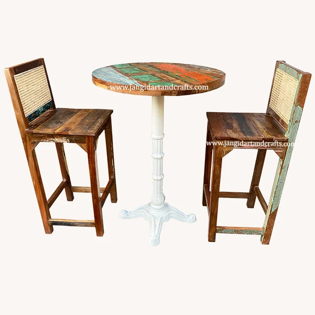 Vintage Industrial Iron Bar Table & Cane Chair Set Round Rustic Indian Solid Wood Style Restaurant Cafe Pub Table Bar Furniture