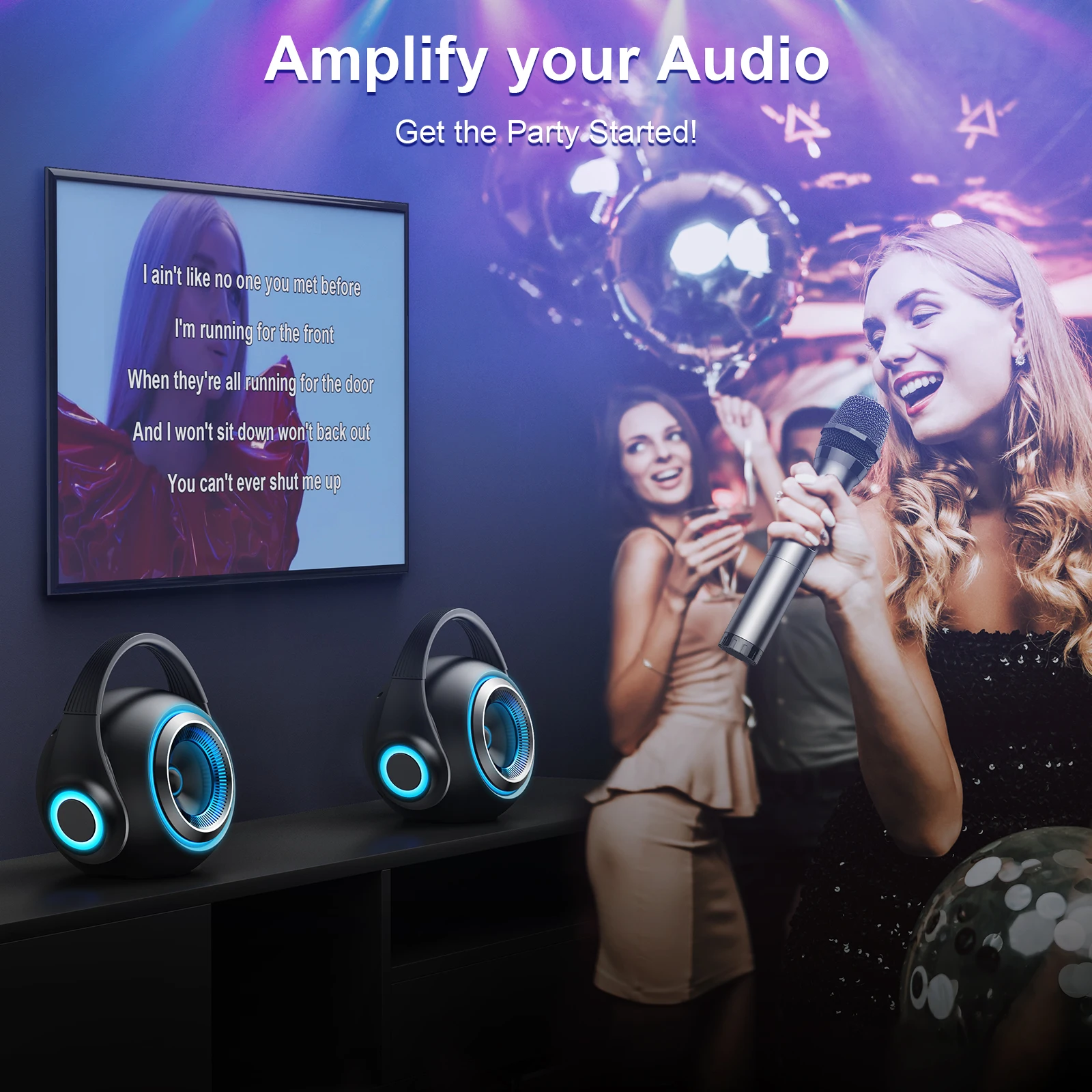 30w TWS Karaoke Machine wireless Speaker with Wireless Microphone Portable Handheld Mic Color light
