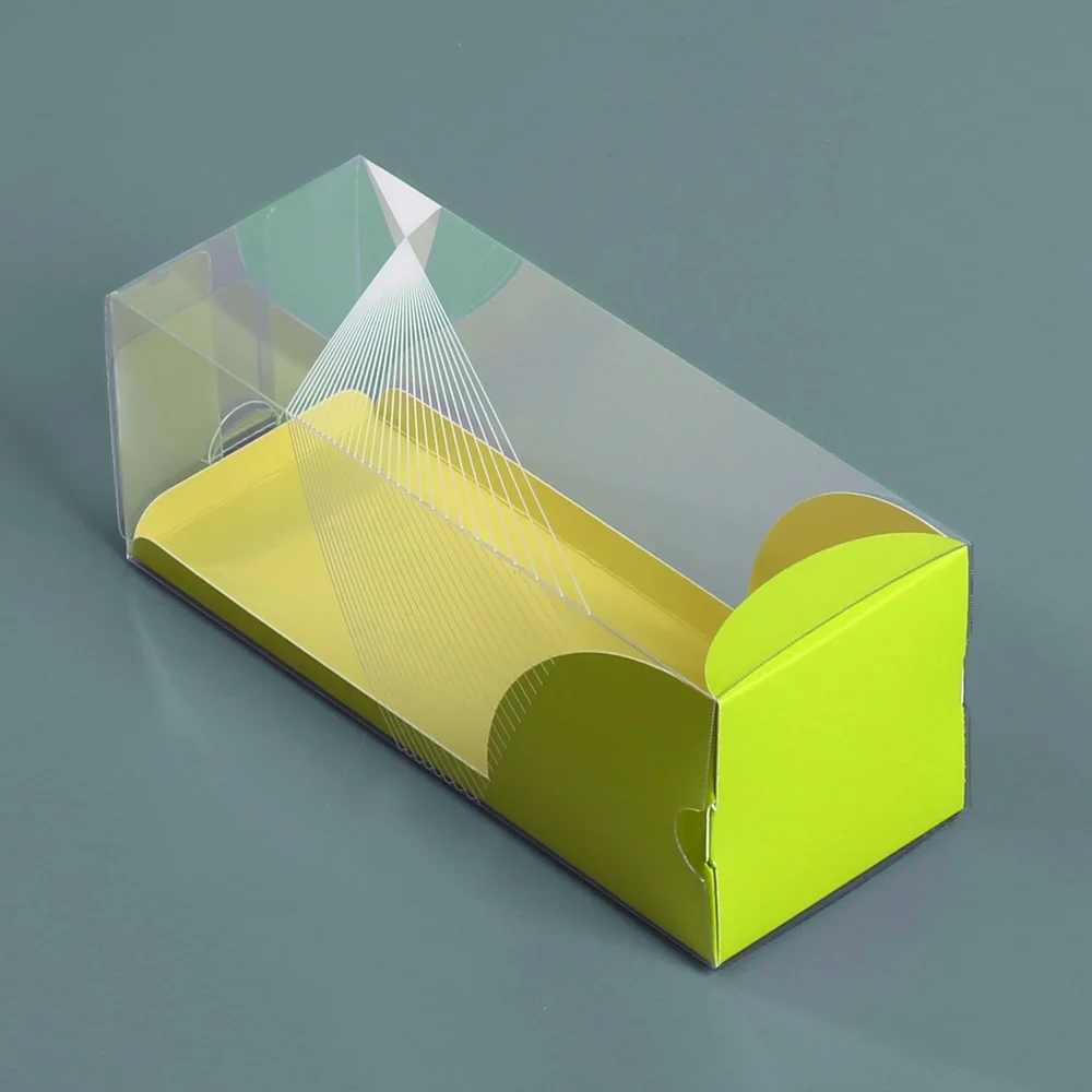 
Sweet Vision Rectangle Clear Plastic Eclair Box - Yellow Paper Sleeve, Geometric Line Accent - 7