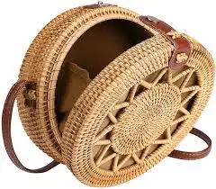 
ECO - FRIENDLY round handmade rattan bag Shoulder Leather Straps Fabric inside Natural Fashionable woven Rattan Bags 