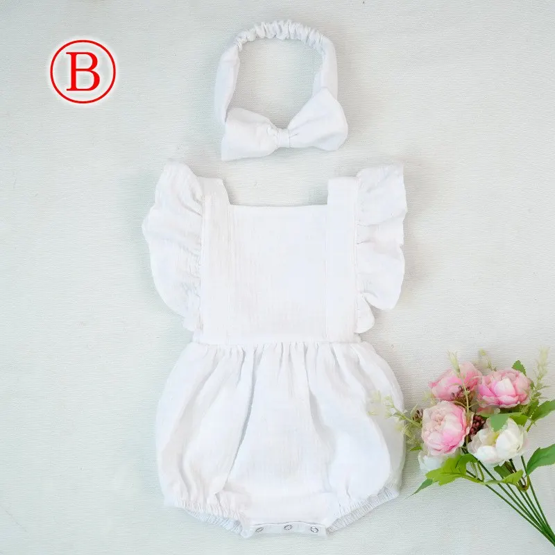 
New 100% Cotton Baby ruffle rompers Climbing Clothes Lotus Leaf Lace Summer Clothing Girl Baby Romper Hair Band Set 