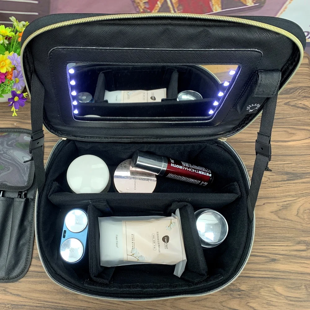 Wholesale Custom LOGO Travel toiletry  polyester / PU  Cosmetic Makeup Bag with white LED Mirror
