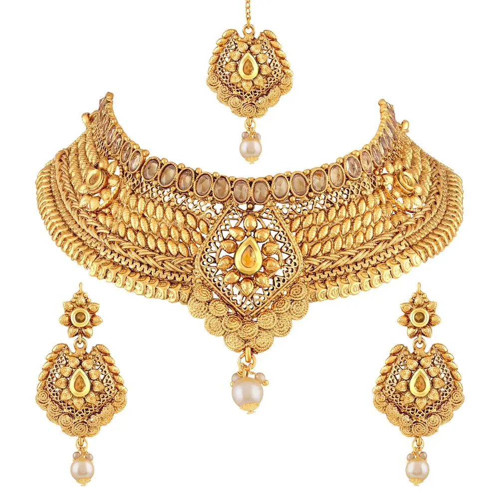 Traditional Elegant Gold plated Choker Style Kundan Necklace Set With Mangtikka Jewellery Necklace Set For Women