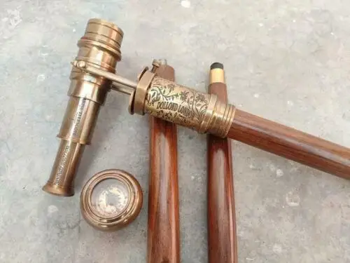 Telescope Walking Stick - Brass Telescope Handle Wooden Walking Stick - Nautical Theme Walking Stick