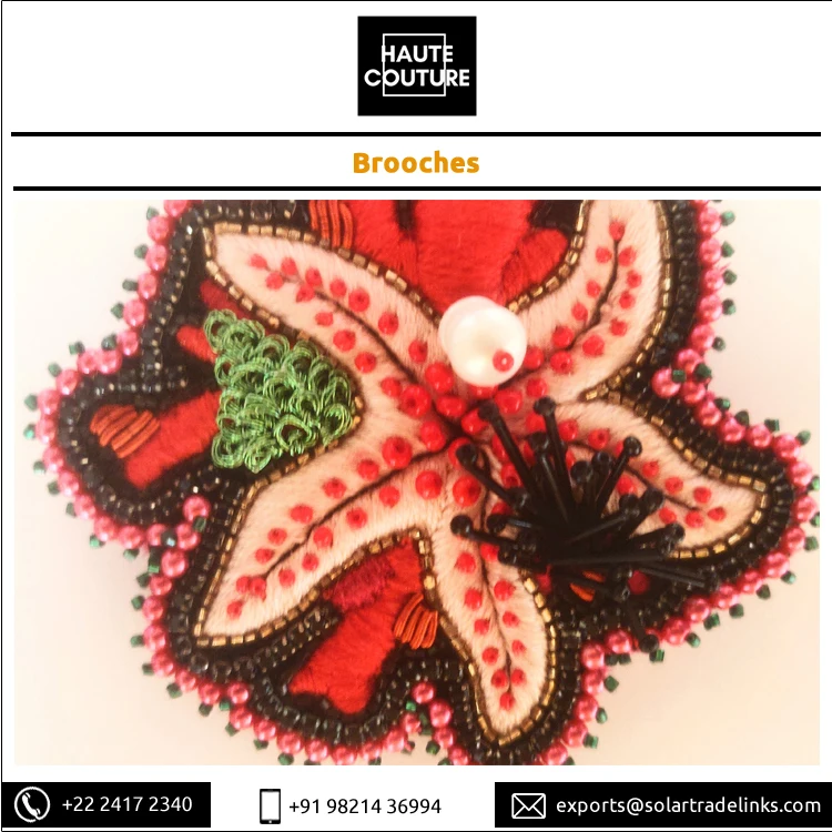 Custom Brand 9 cms Bullion Kora Silk Thread Embroidered Handmade Miyuki Beads Made Starfish Coral Brooches at Bulk Price