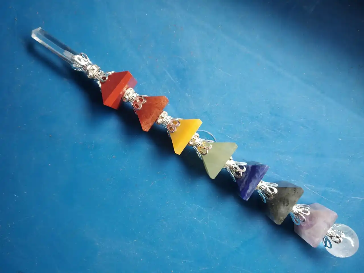 natural stone stick 7 chakra pyramid clear quartz crystal pencil point & beads seven chakra healing reiki wand